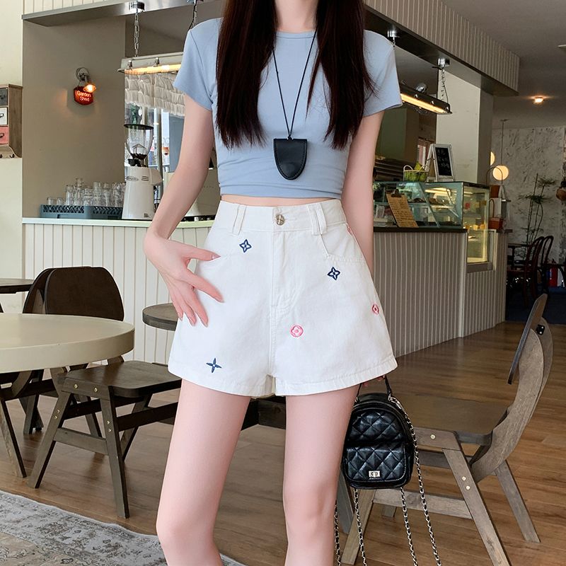 White high waist short jeans niche embroidery shorts