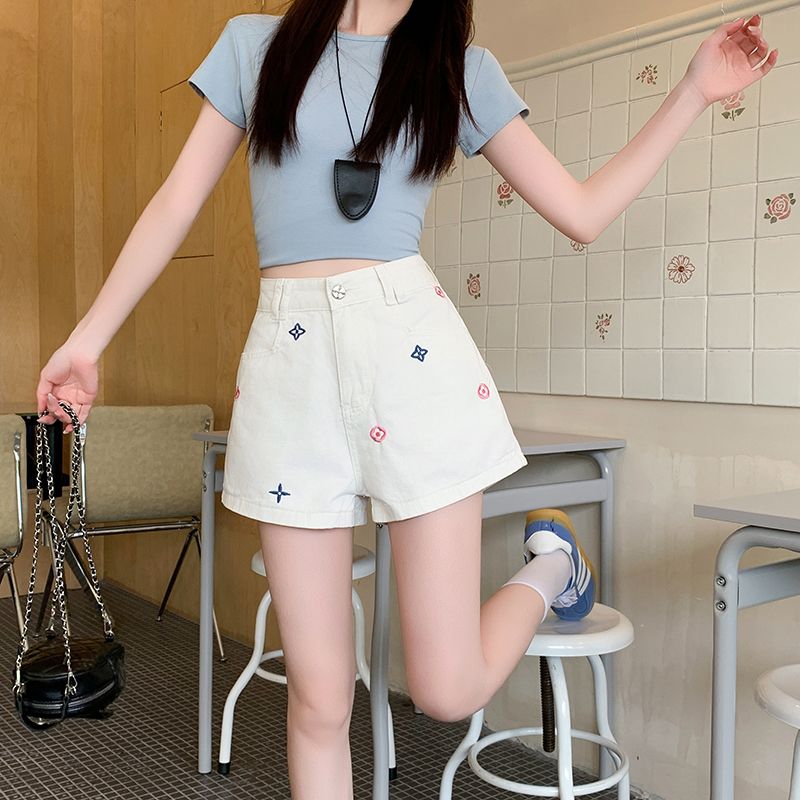 White high waist short jeans niche embroidery shorts