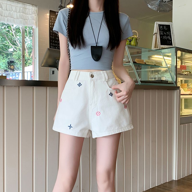 White high waist short jeans niche embroidery shorts