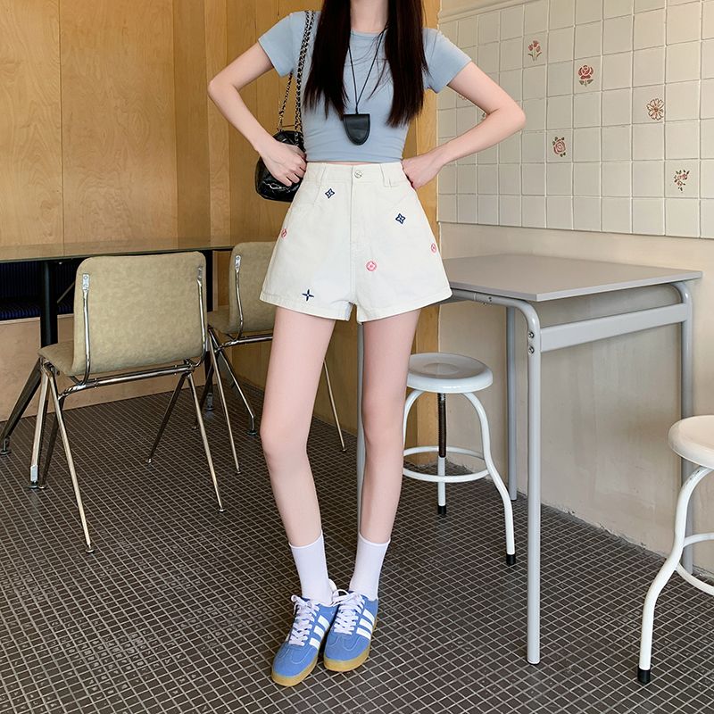 White high waist short jeans niche embroidery shorts