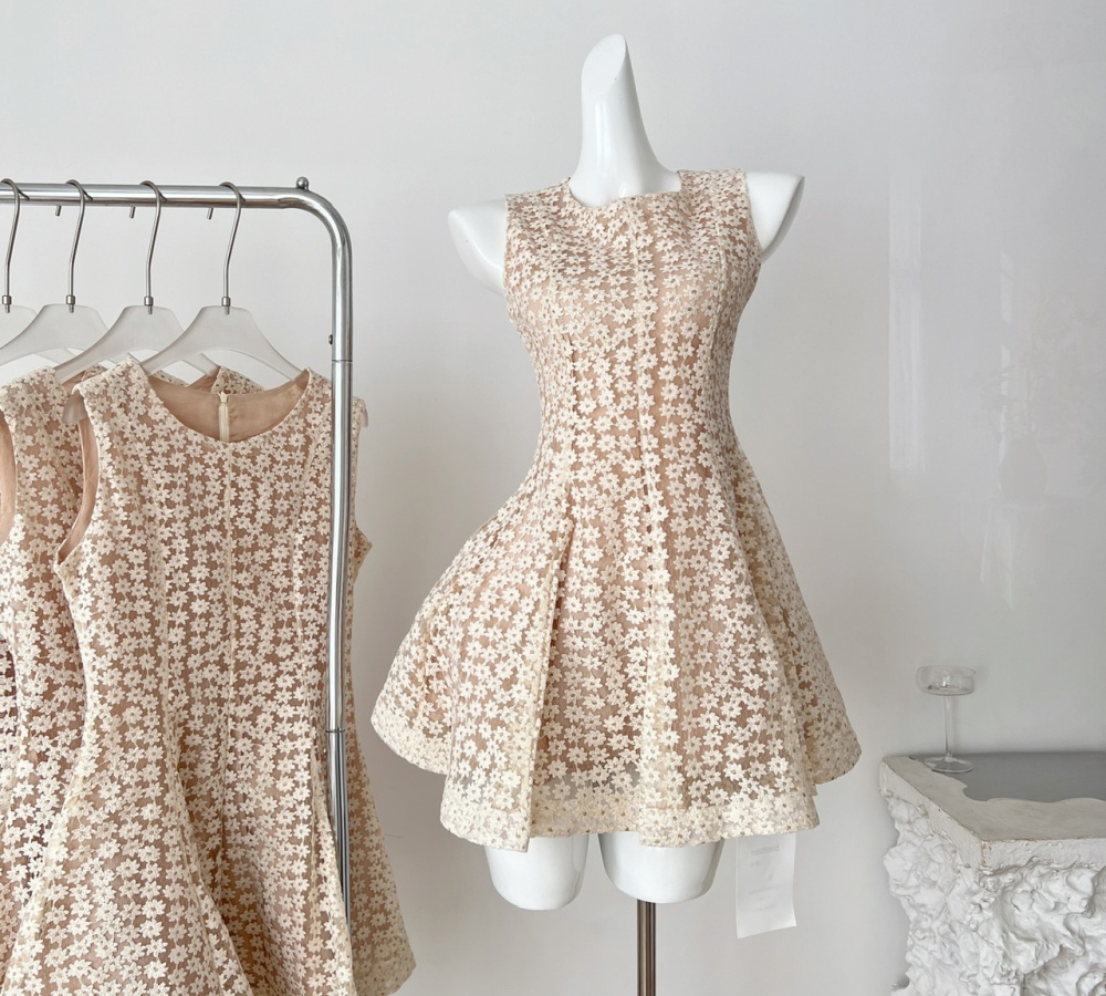 Lace pinched waist daisy sleeveless embroidery dress
