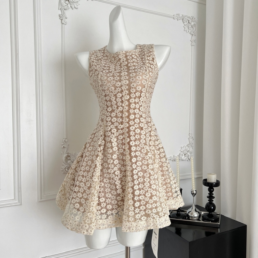 Lace pinched waist daisy sleeveless embroidery dress