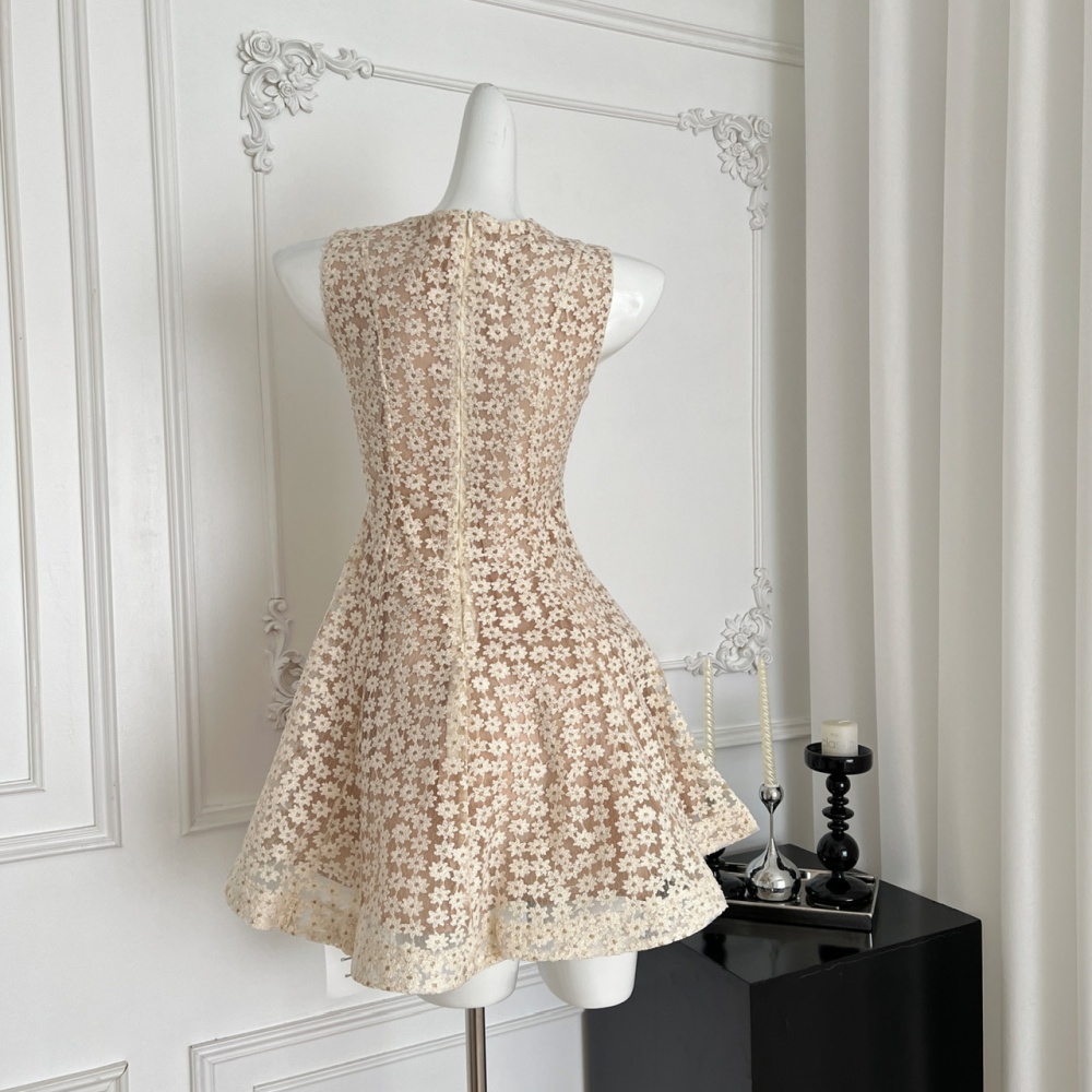 Lace pinched waist daisy sleeveless embroidery dress