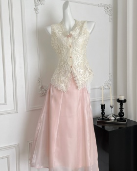 Slim Chinese style tops lace skirt 2pcs set for women