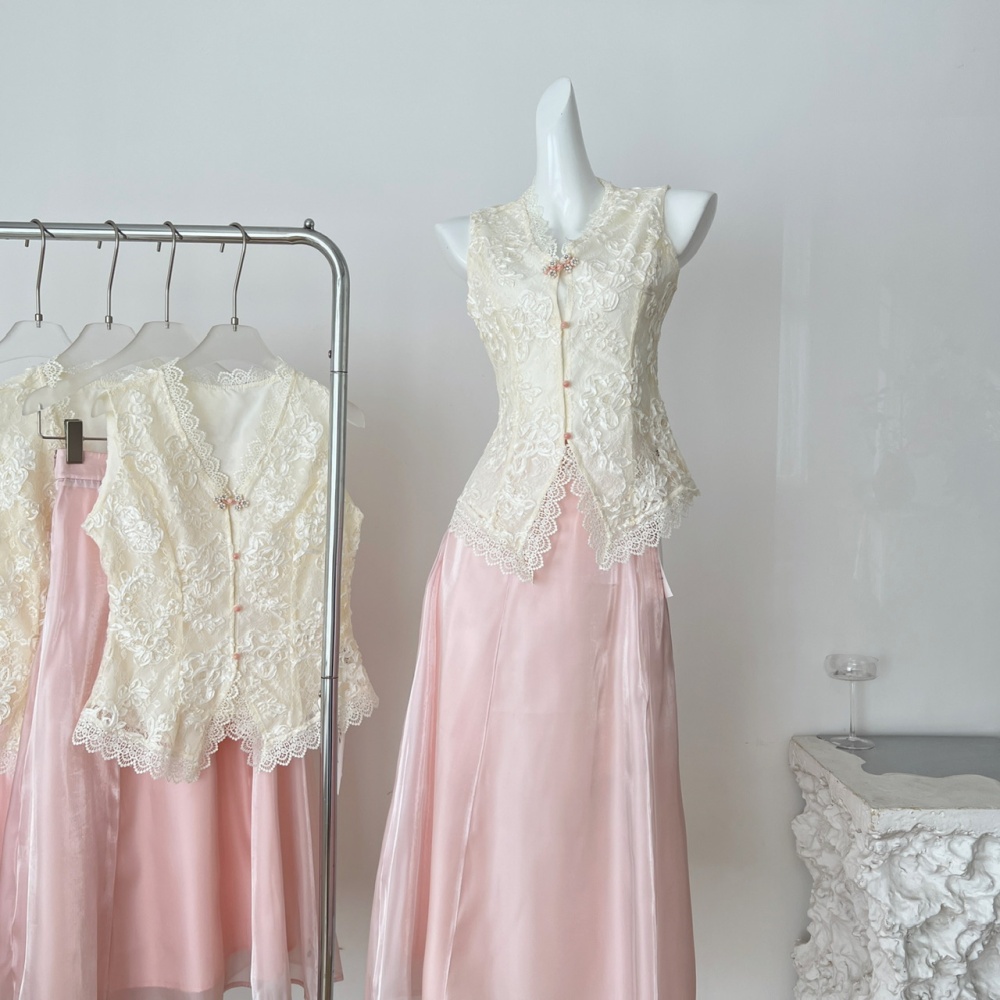 Slim Chinese style tops lace skirt 2pcs set for women