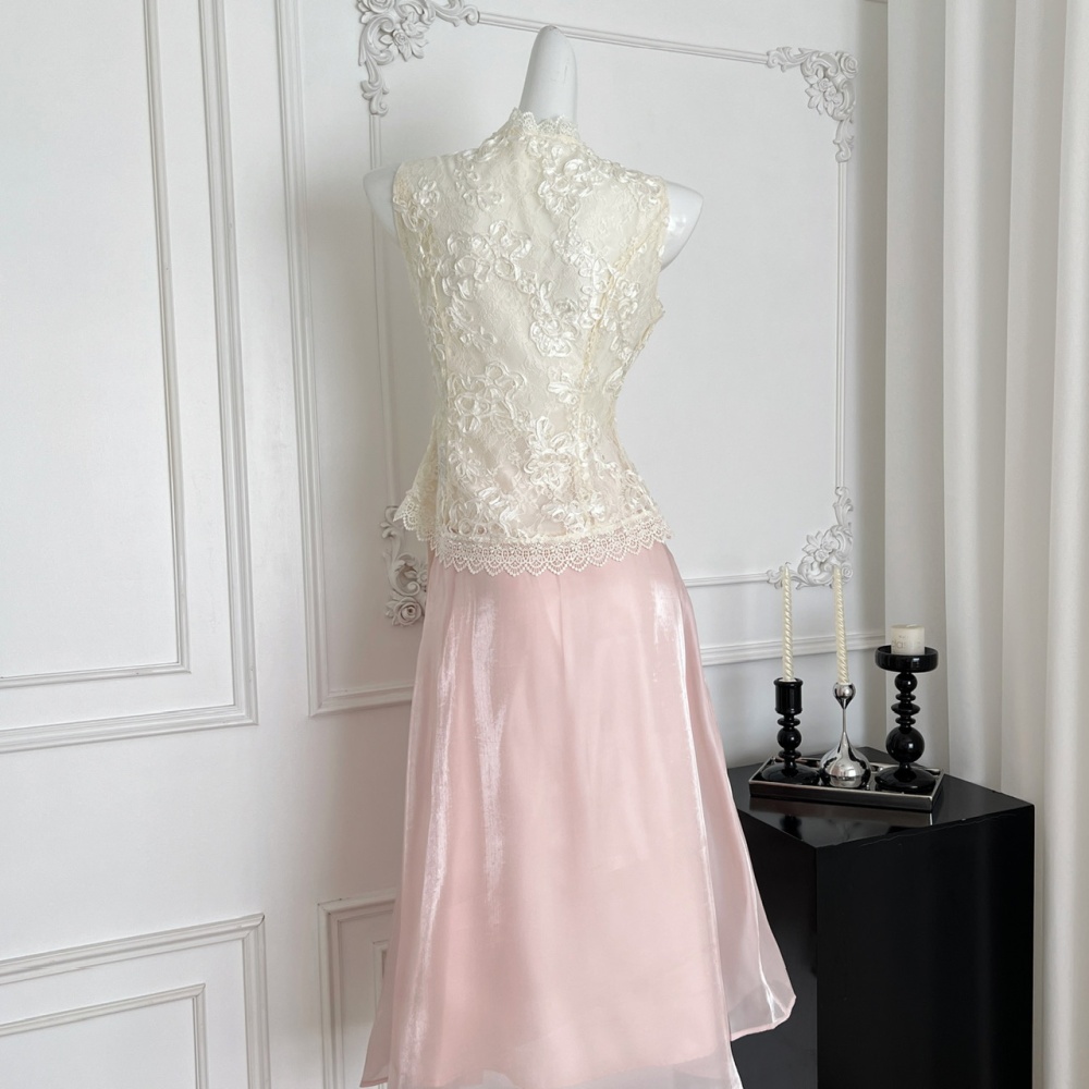 Slim Chinese style tops lace skirt 2pcs set for women