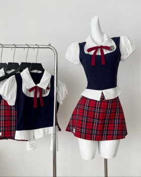 College style Pseudo-two shirt plaid short skirt a set