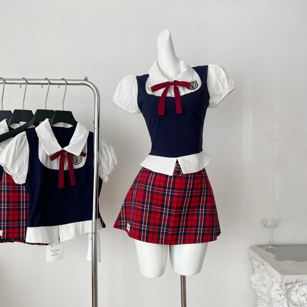 College style Pseudo-two shirt plaid short skirt a set