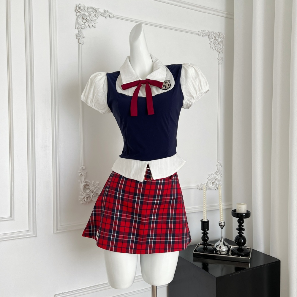 College style Pseudo-two shirt plaid short skirt a set