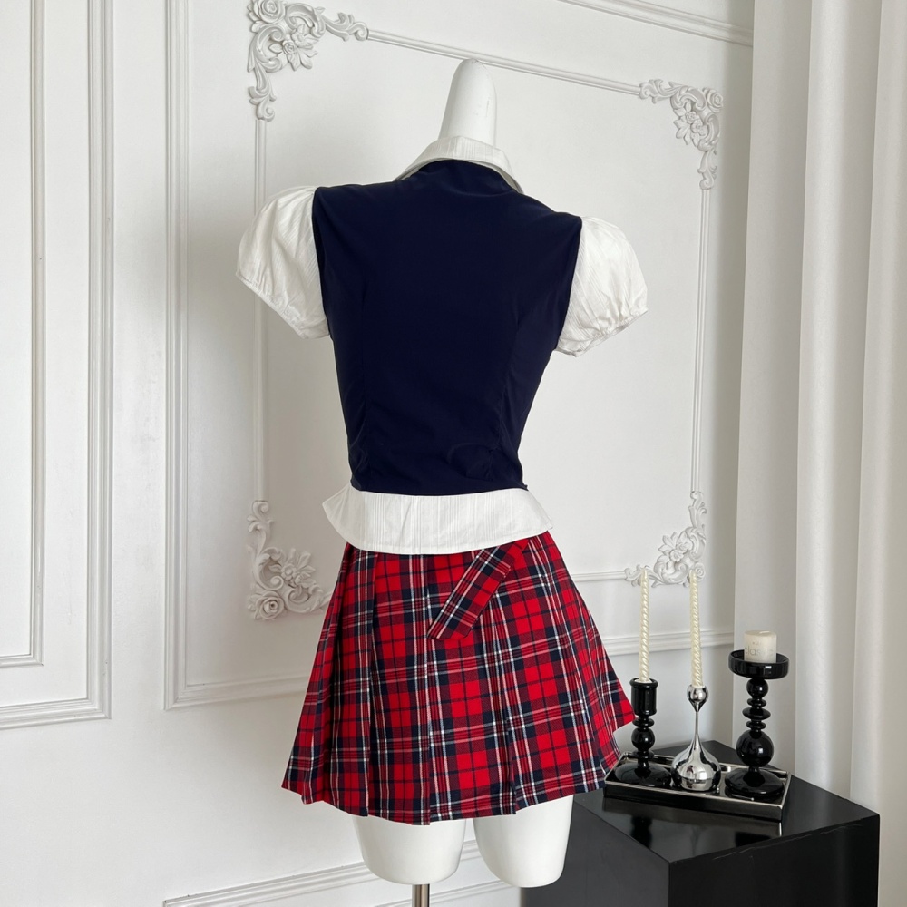 College style Pseudo-two shirt plaid short skirt a set