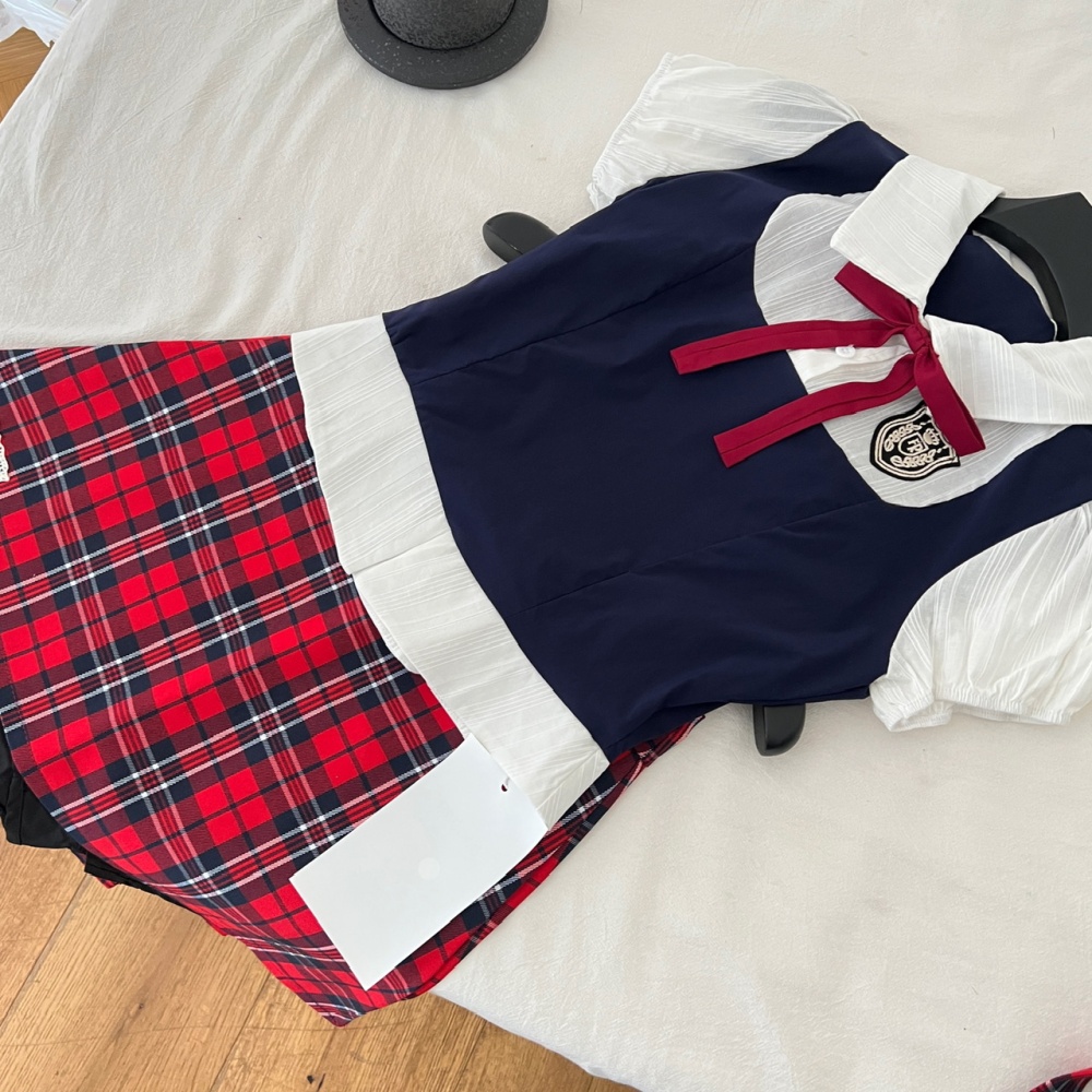 College style Pseudo-two shirt plaid short skirt a set