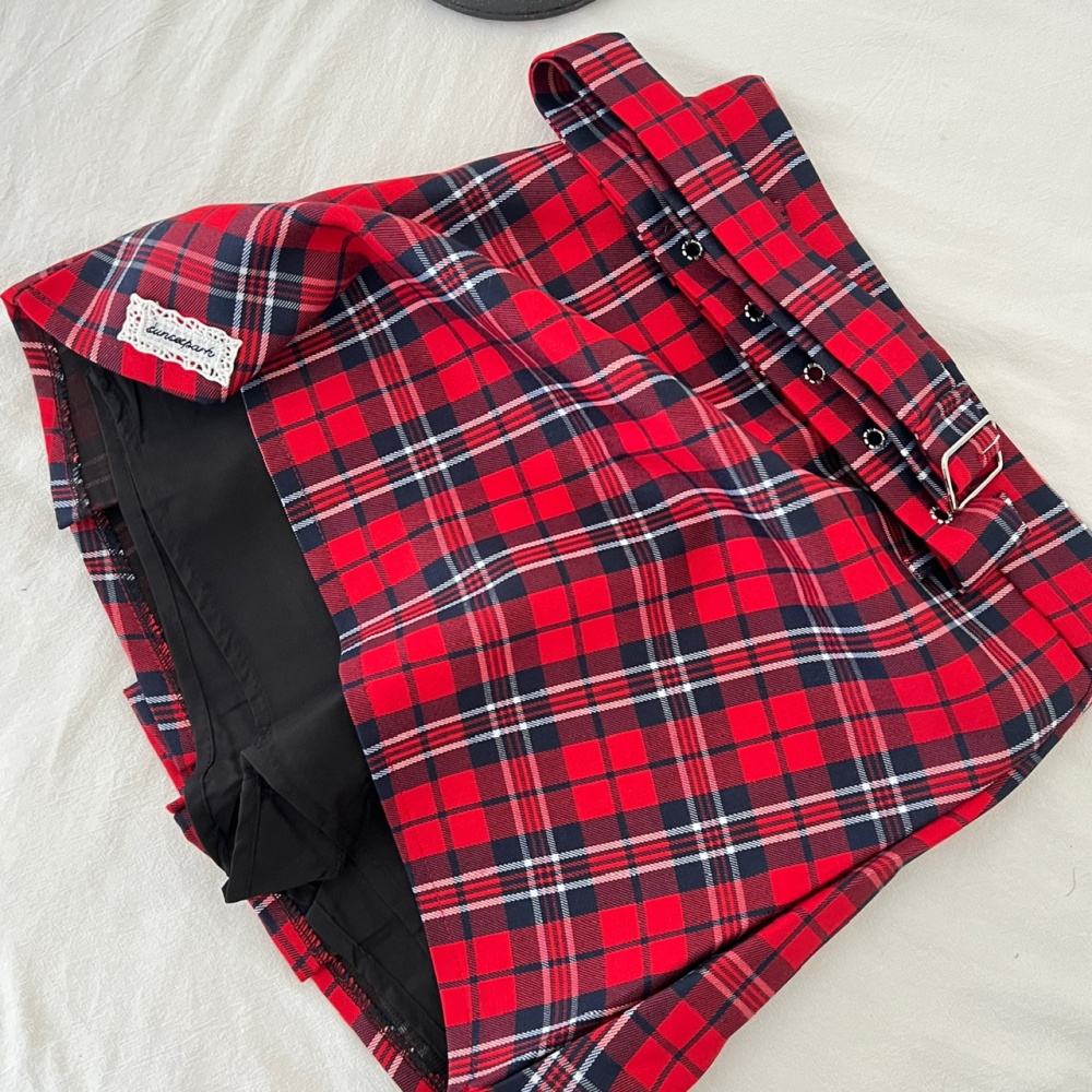 College style Pseudo-two shirt plaid short skirt a set
