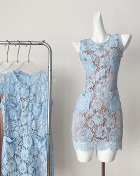 Sexy blue vest pinched waist dress for women