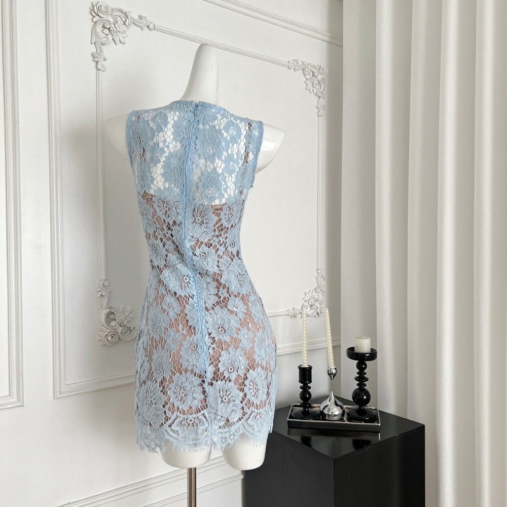 Sexy blue vest pinched waist dress for women