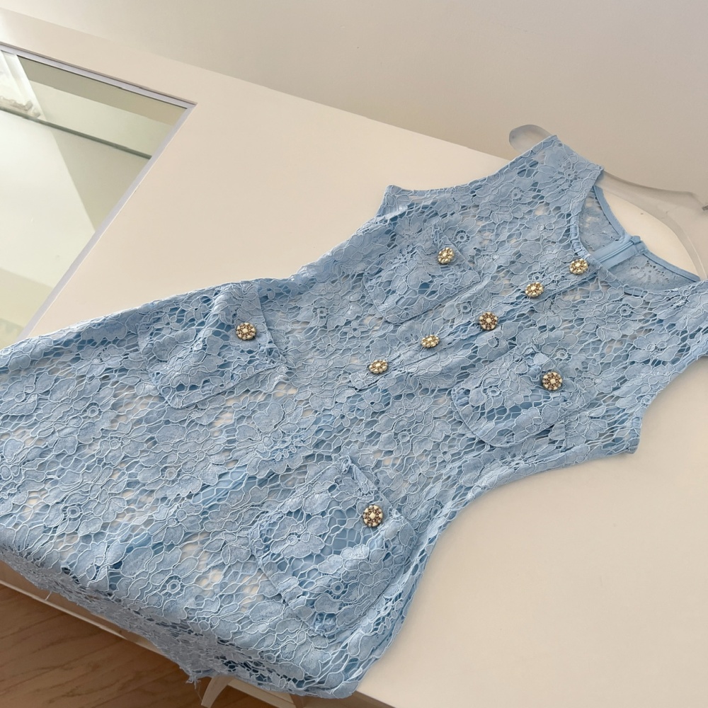 Sexy blue vest pinched waist dress for women