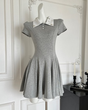 Flowers collar rhinestone navy-blue cotton dress