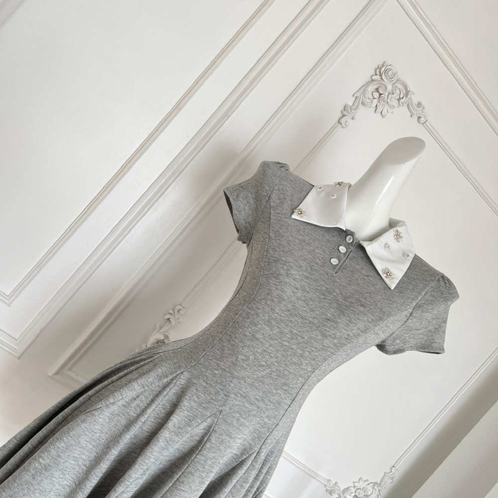 Flowers collar rhinestone navy-blue cotton dress