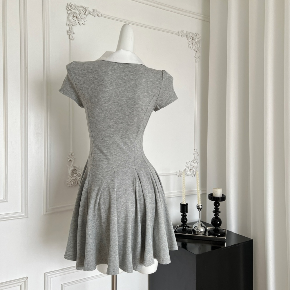 Flowers collar rhinestone navy-blue cotton dress
