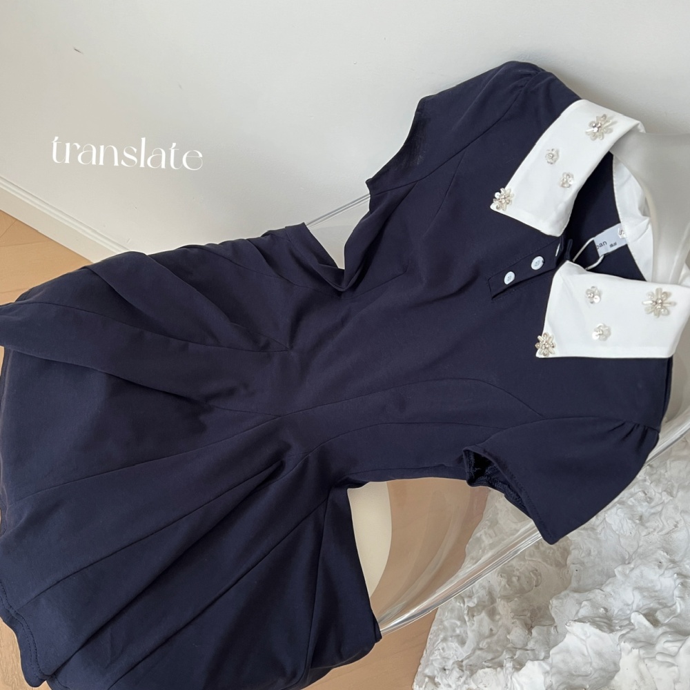 Flowers collar rhinestone navy-blue cotton dress