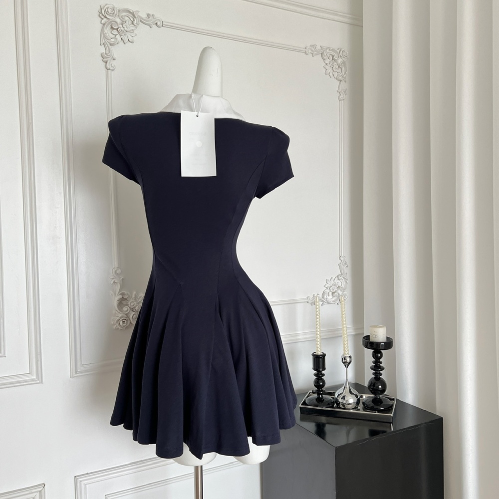Flowers collar rhinestone navy-blue cotton dress
