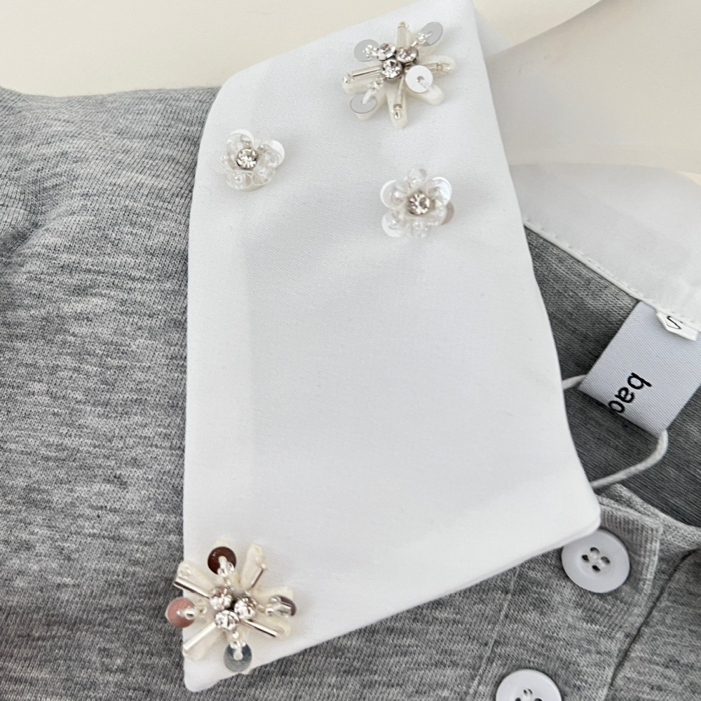 Flowers collar rhinestone navy-blue cotton dress
