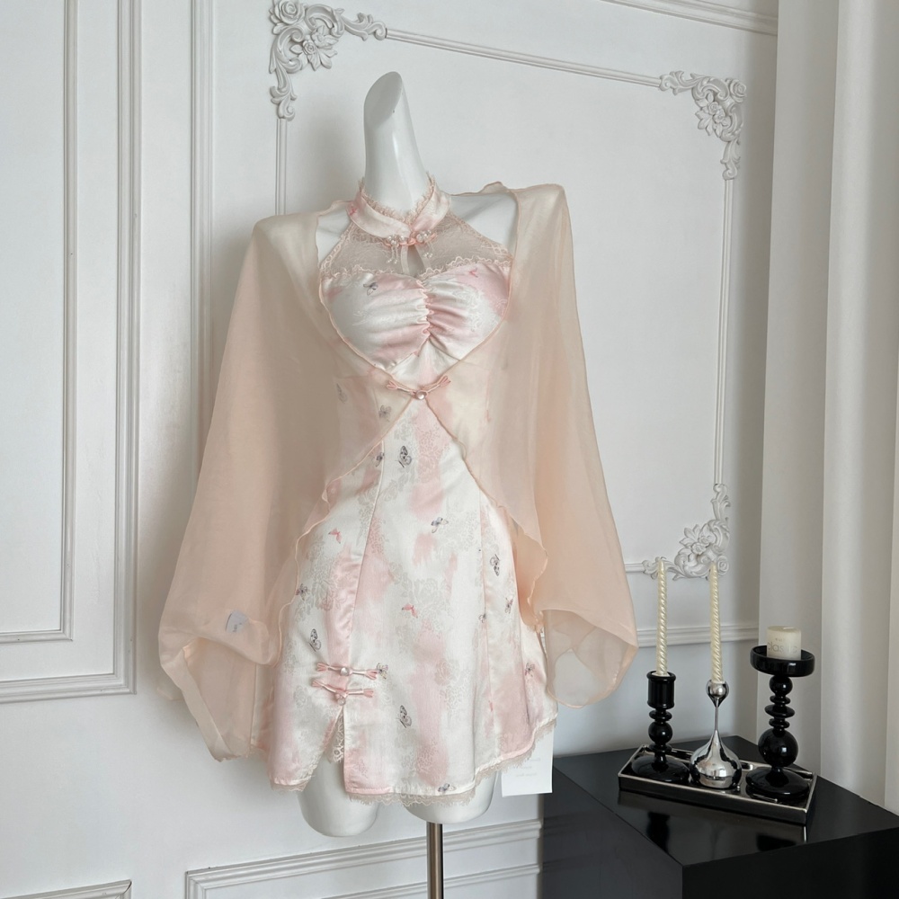 Halter splice dress summer pinched waist T-back for women