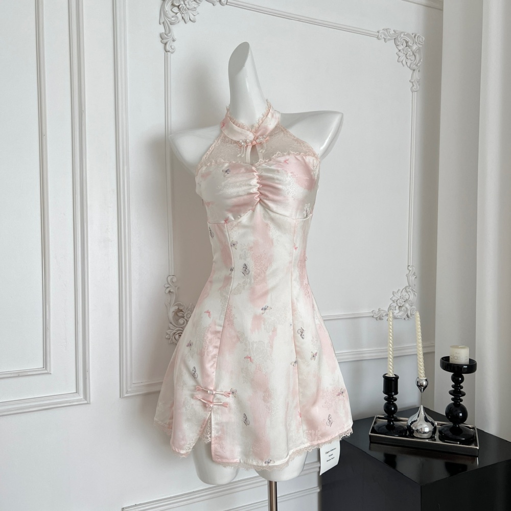 Halter splice dress summer pinched waist T-back for women