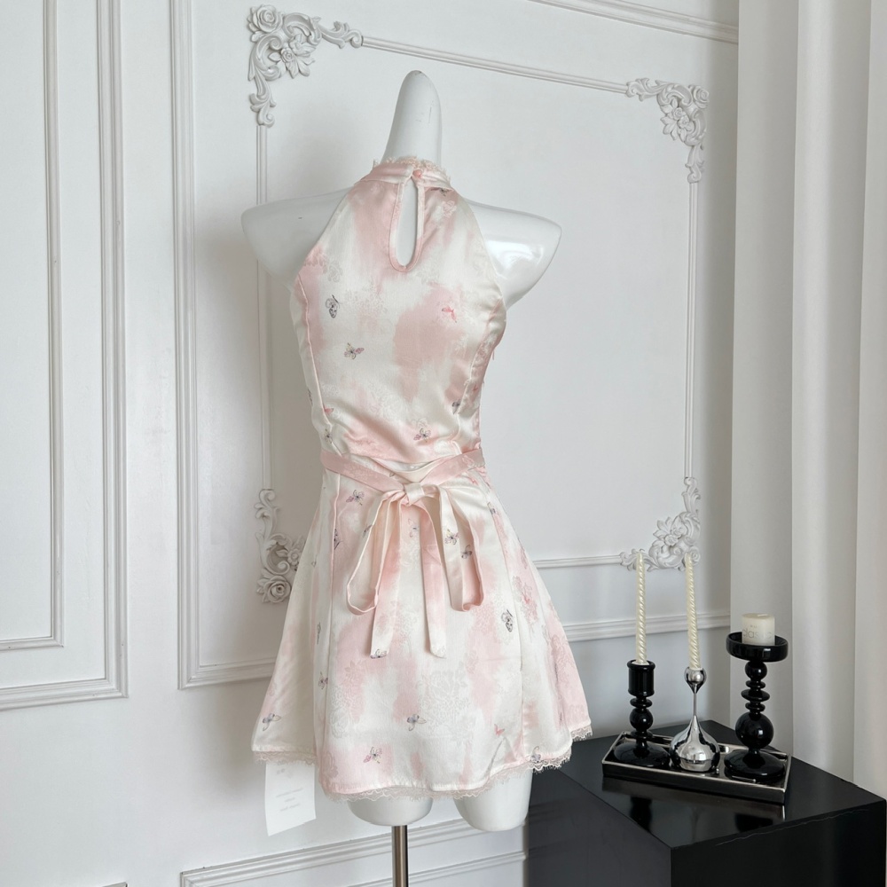 Halter splice dress summer pinched waist T-back for women