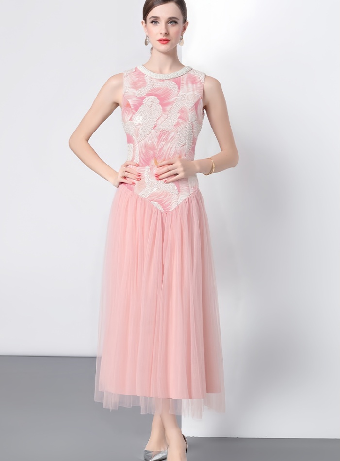 Tender blooming sleeveless dress halter sequins long dress