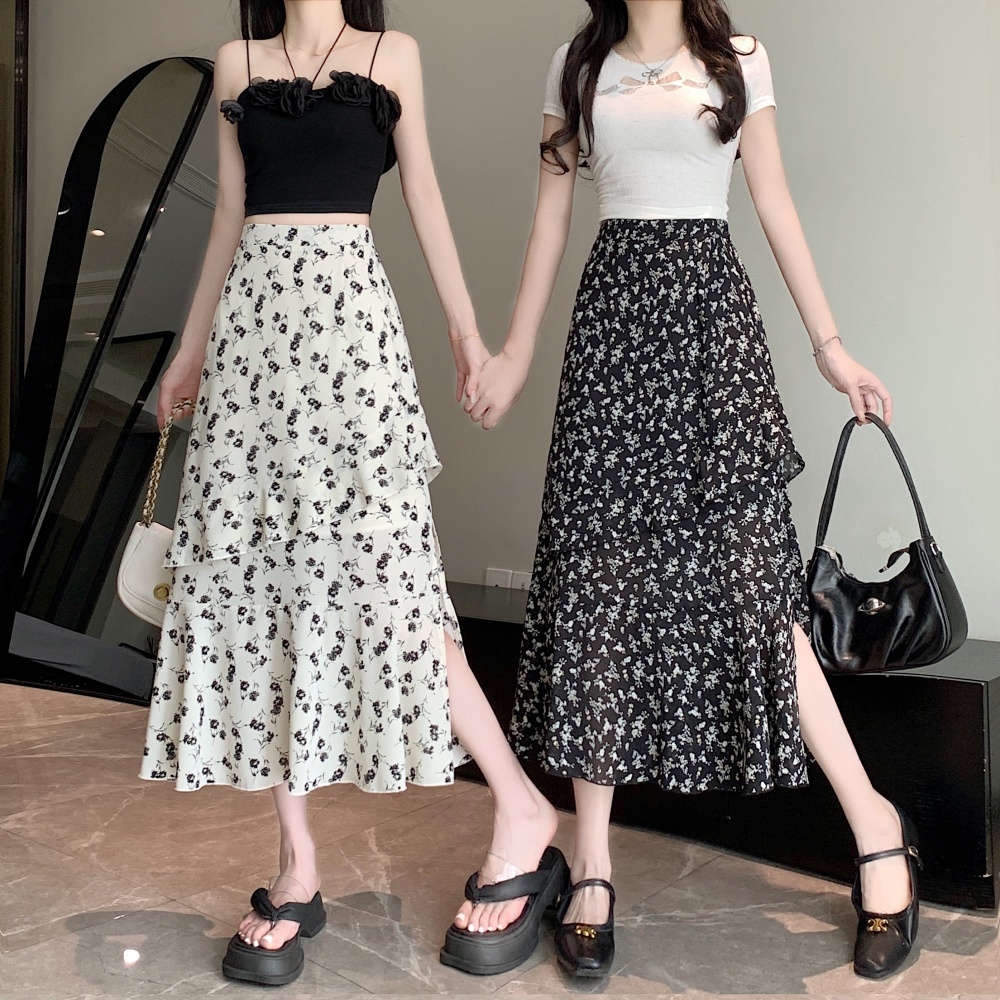 All-match floral summer large yard high waist cake long skirt