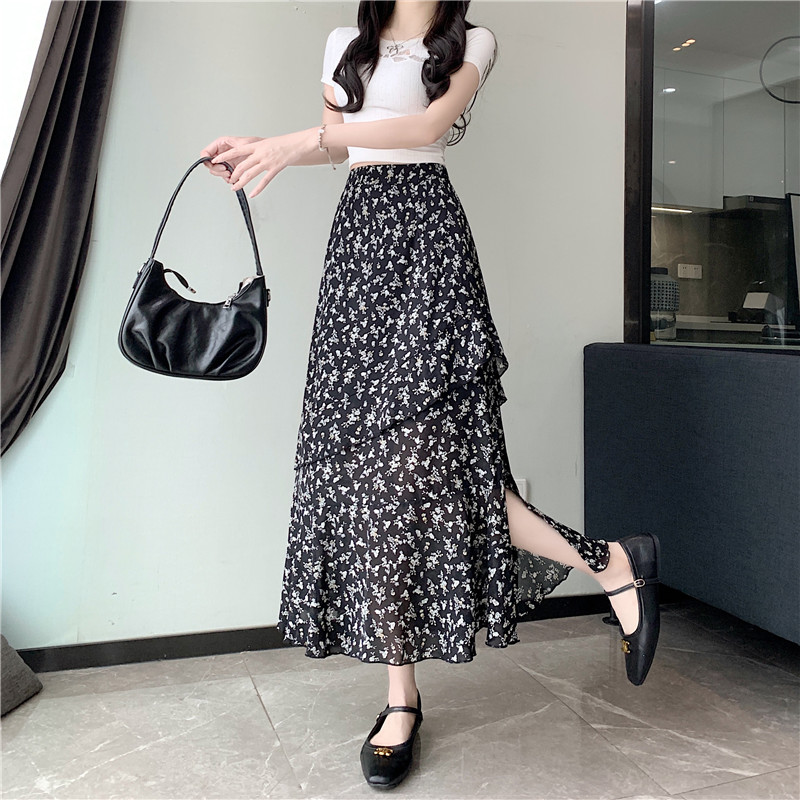 All-match floral summer large yard high waist cake long skirt
