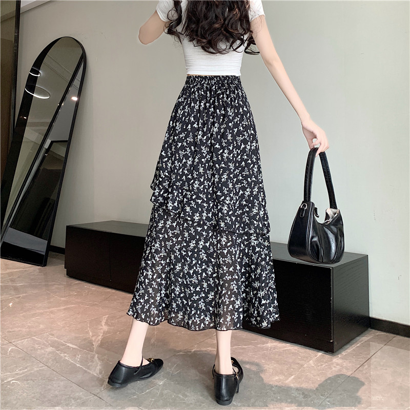 All-match floral summer large yard high waist cake long skirt