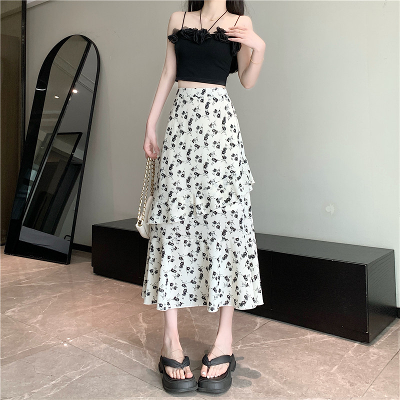 All-match floral summer large yard high waist cake long skirt