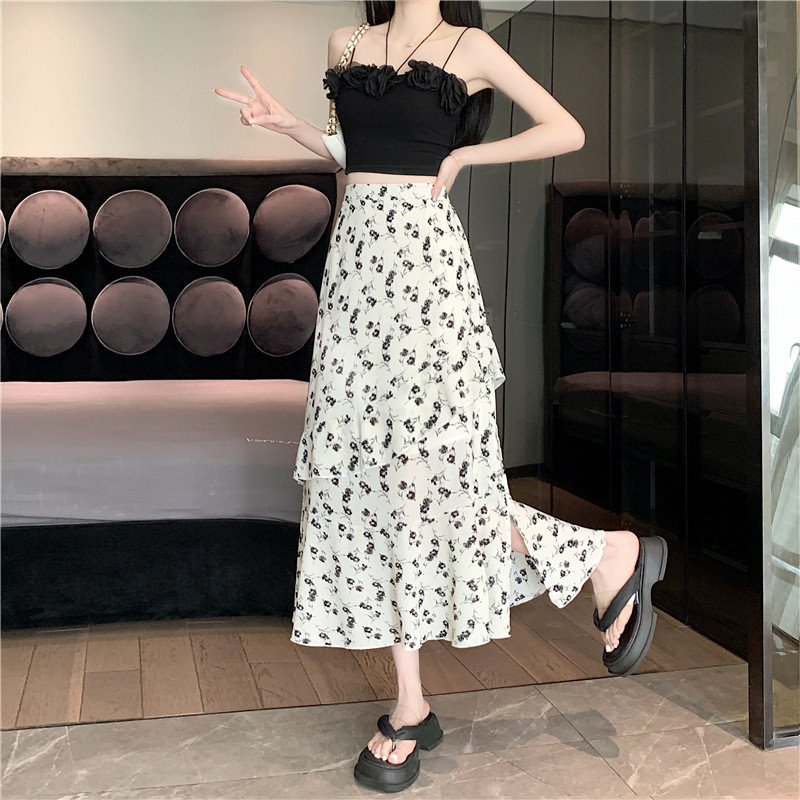 All-match floral summer large yard high waist cake long skirt