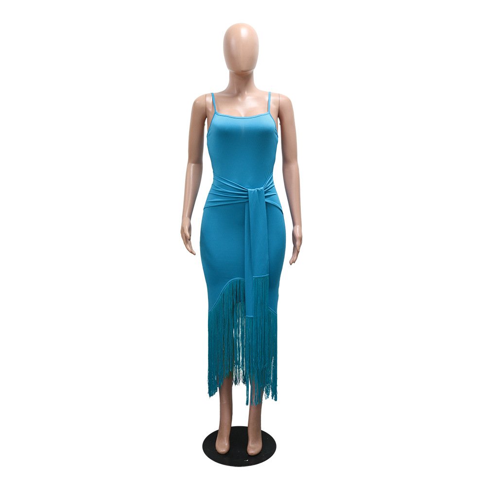 Sexy pure sling tassels dress frenum summer Casual long dress
