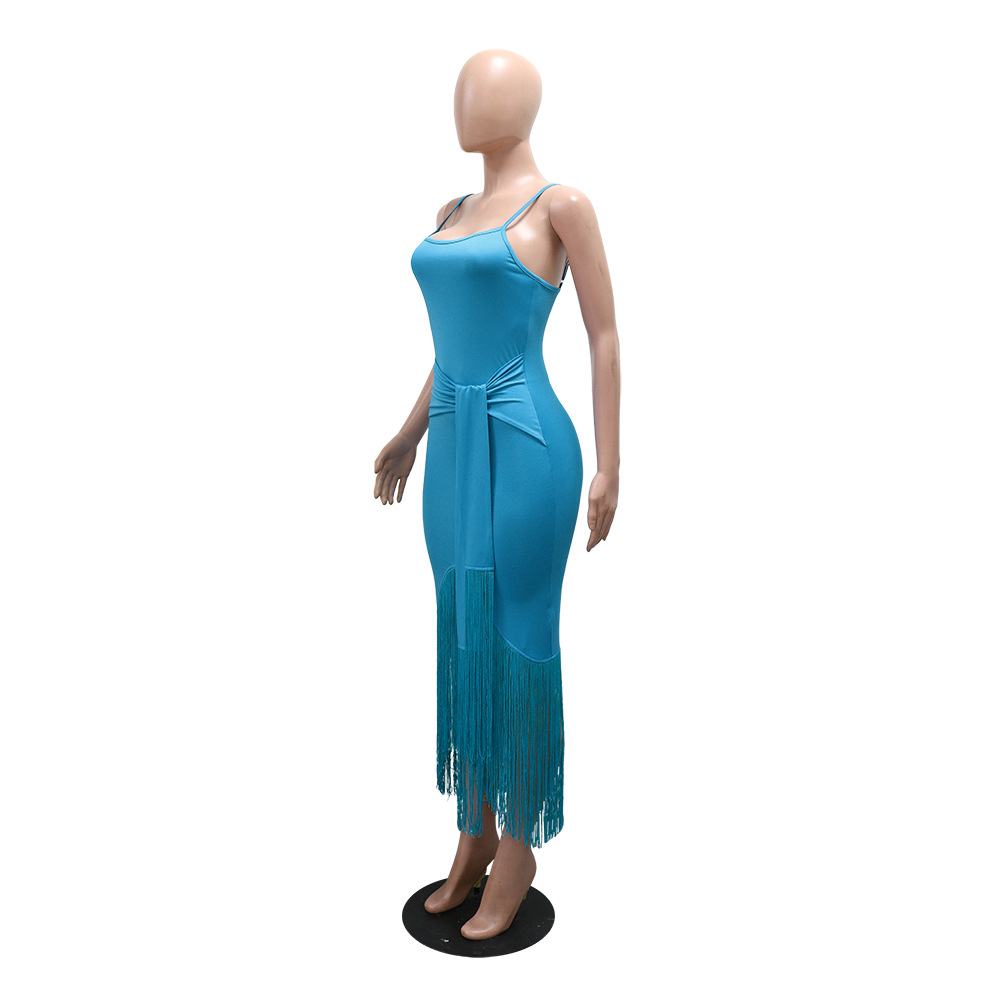 Sexy pure sling tassels dress frenum summer Casual long dress