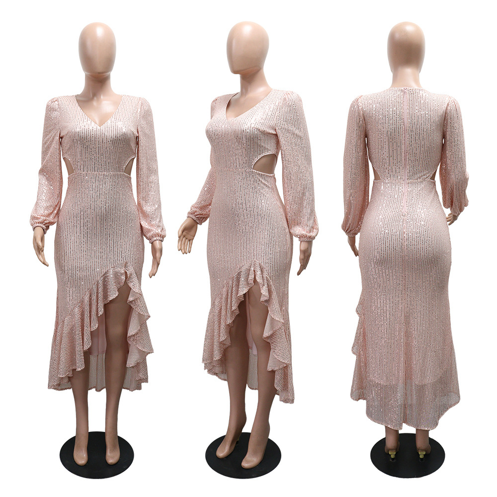 European style hollow long dress sequins sexy dress