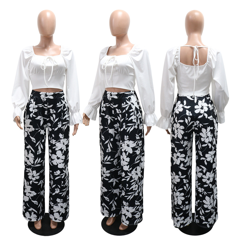 Cozy fashion tops European style wide leg pants 2pcs set