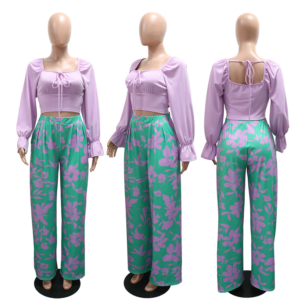 Cozy fashion tops European style wide leg pants 2pcs set