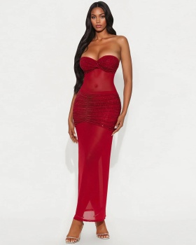 Mesh European style long dress milk silk dress