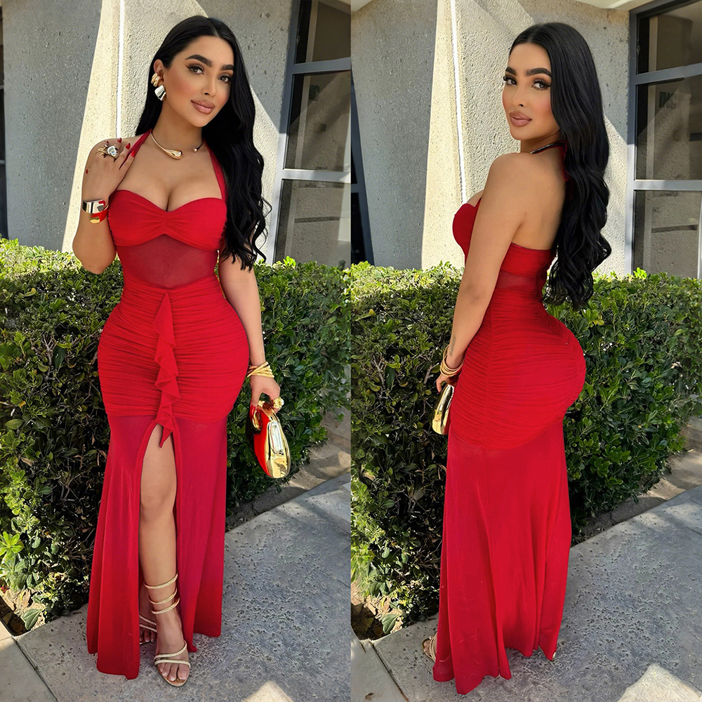 European style pure split sleeveless sexy dress for women