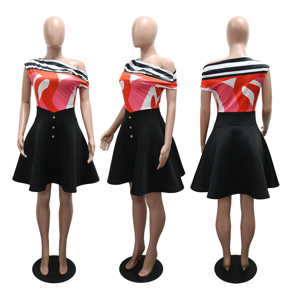 Casual flat shoulder dress printing fashion T-back for women