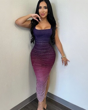 European style sling split rhinestone dress for women