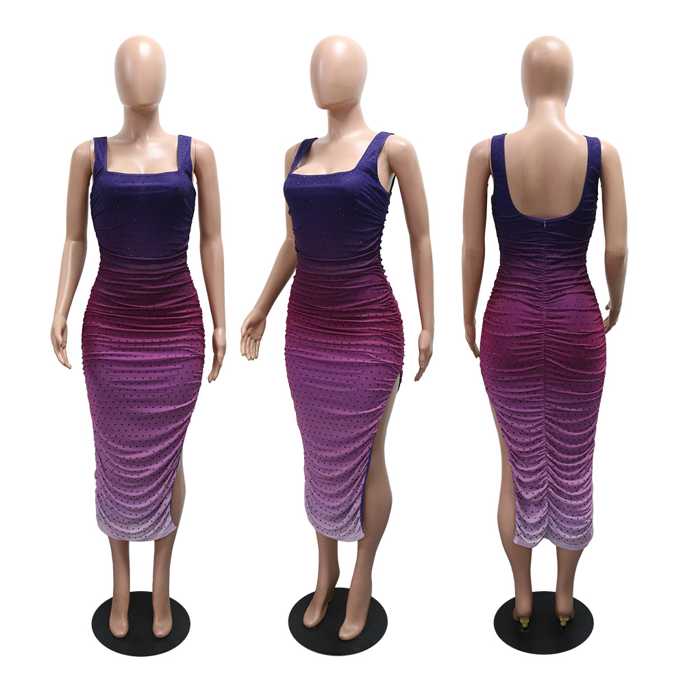 European style sling split rhinestone dress for women