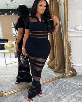 Sexy perspective gauze splice European style dress for women