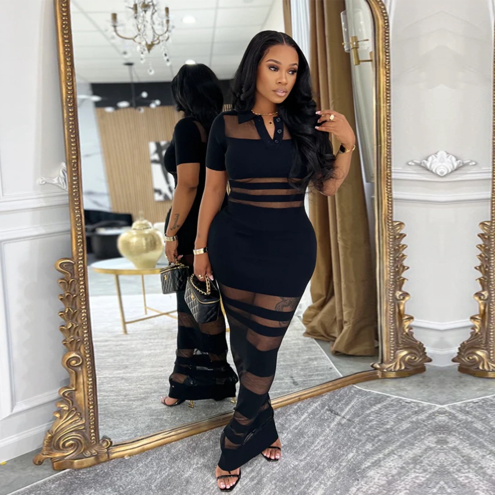 Sexy perspective gauze splice European style dress for women