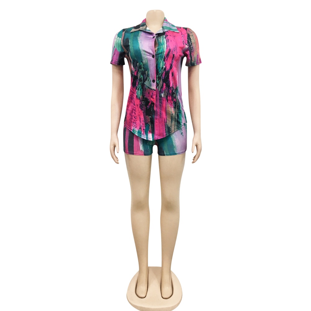 Fashion V-neck printing long sleeve shorts 2pcs set for women