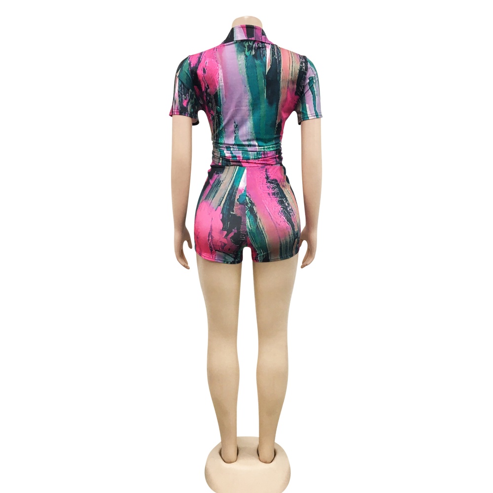Fashion V-neck printing long sleeve shorts 2pcs set for women