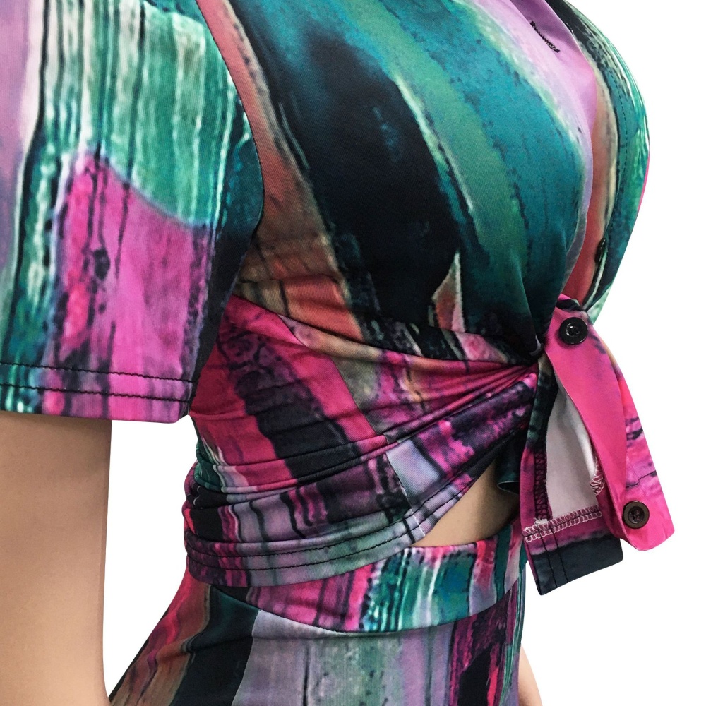 Fashion V-neck printing long sleeve shorts 2pcs set for women