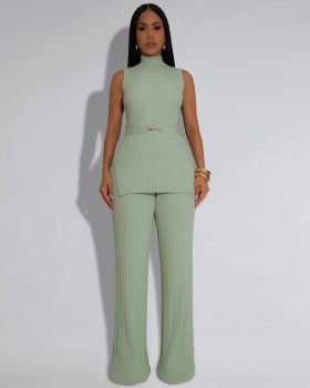 Loose high collar tops fashion long pants 2pcs set